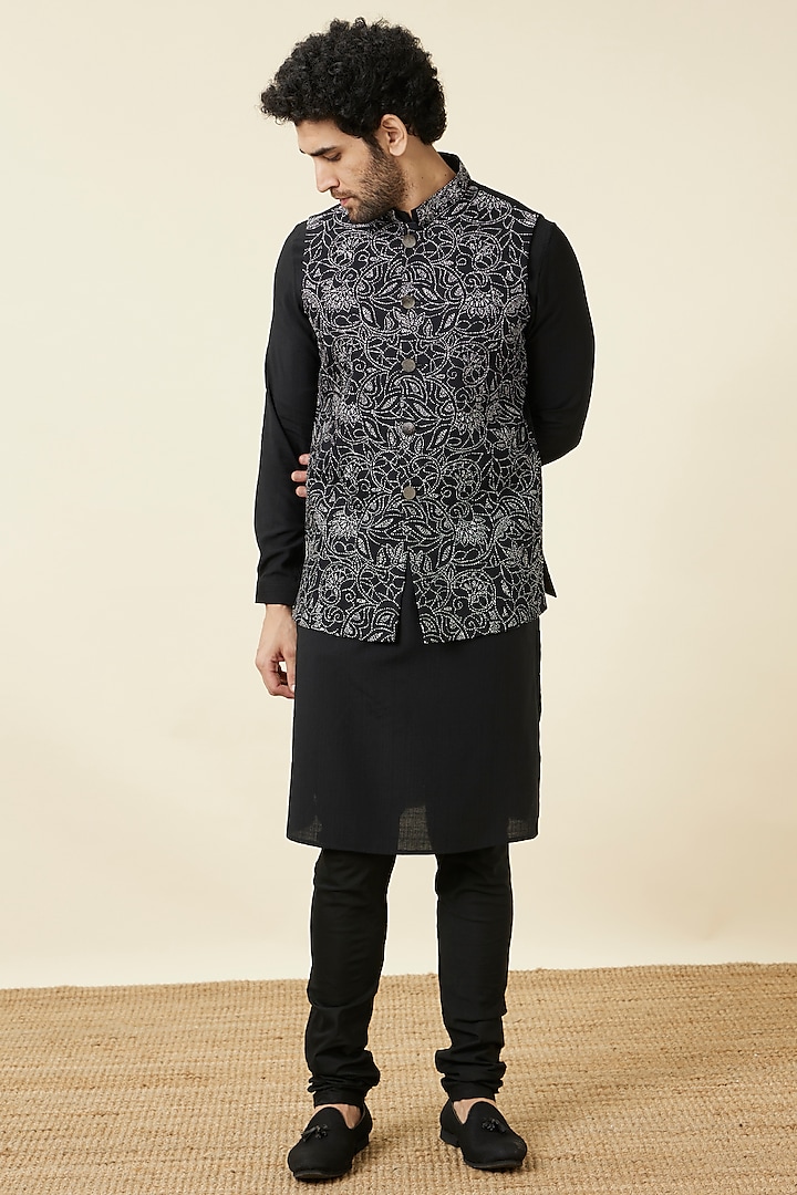 Ebony Black Blended Cotton Floral Nehru Jacket Set by Twamev