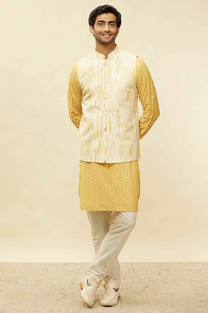 Yellow Art Silk Tie-Dye Nehru Jacket Set by Twamev