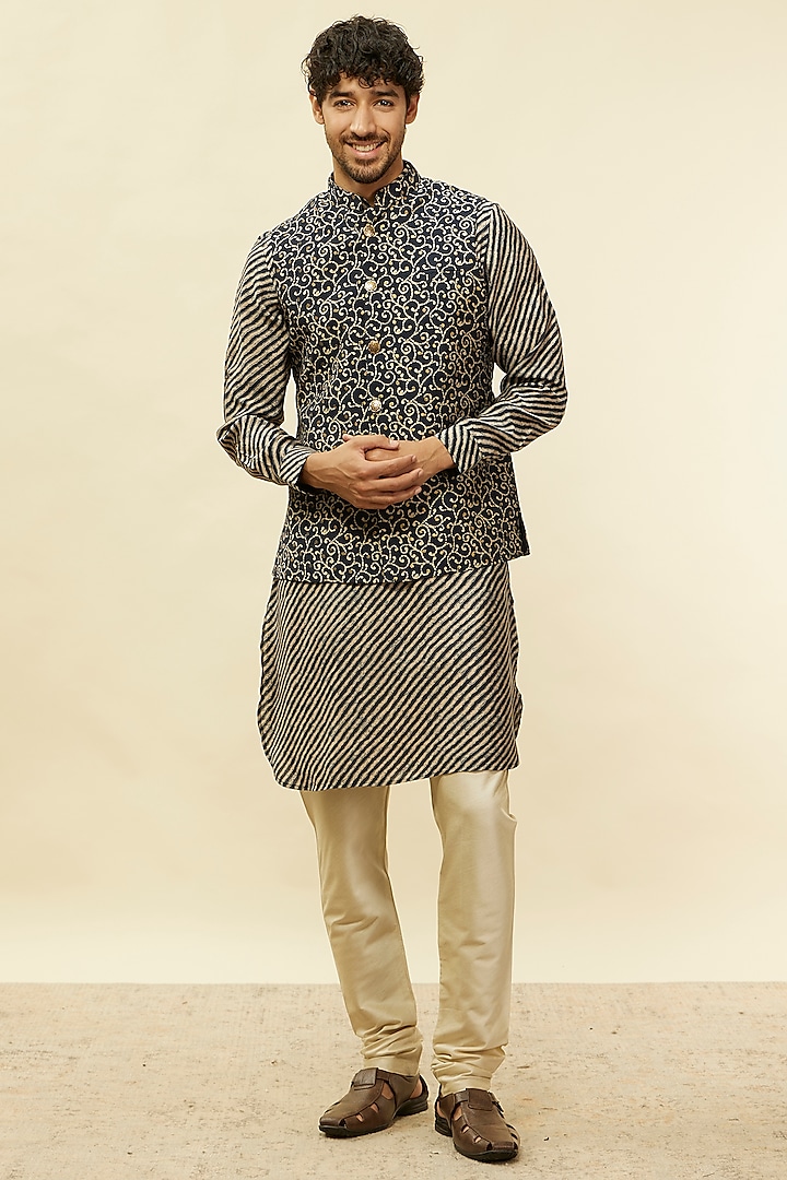 Blue Blended Viscose Printed Nehru Jacket Set by Twamev at Pernia's Pop Up Shop