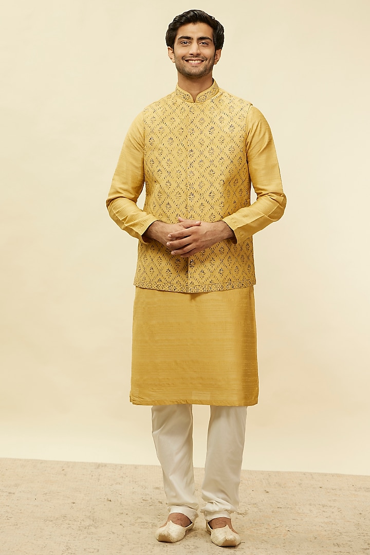 Mustard Gold Art Silk Embroidered Nehru Jacket Set by Twamev