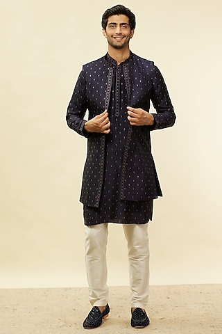 Dark Blue Art Silk Embroidered Indo-Western Set by Twamev