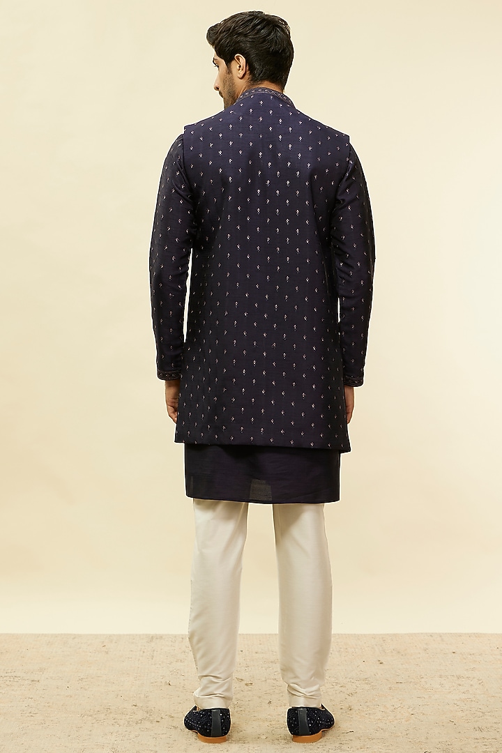 Dark Blue Art Silk Embroidered Indo-Western Set by Twamev at Pernia's Pop Up Shop