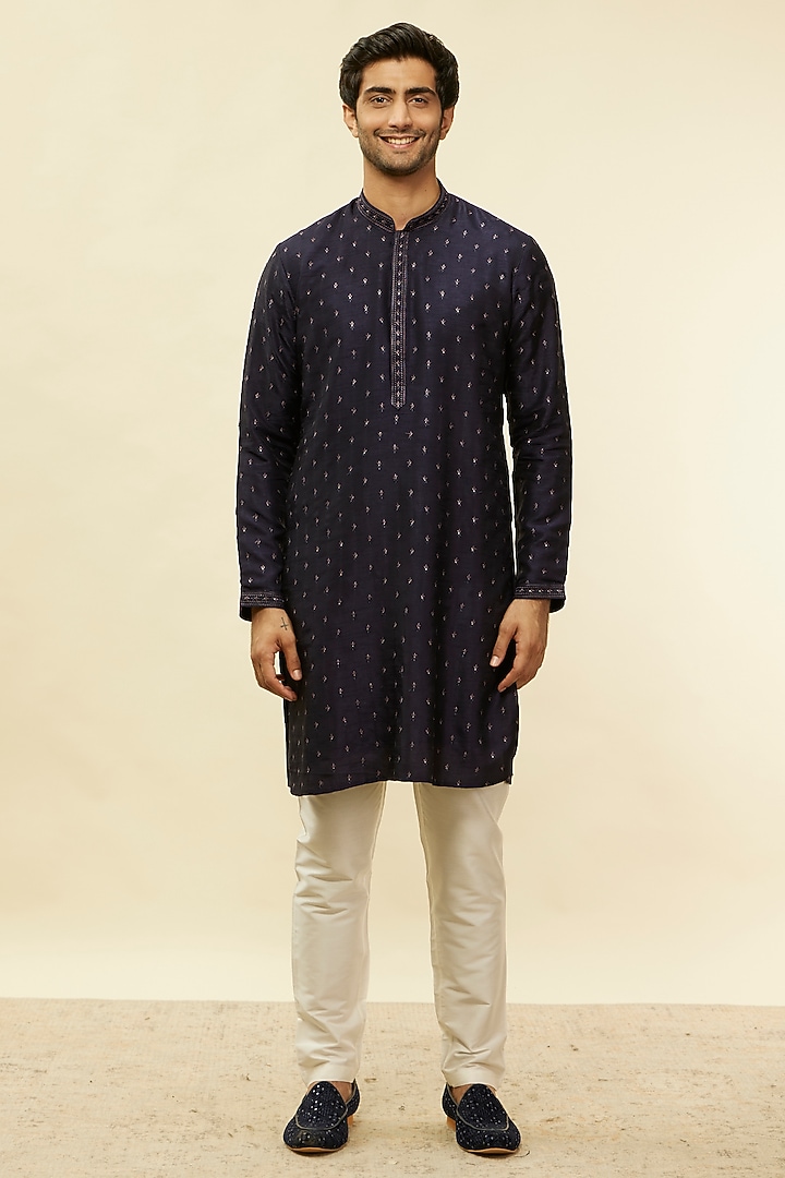 Dark Blue Art Silk Embroidered Indo-Western Set by Twamev at Pernia's Pop Up Shop