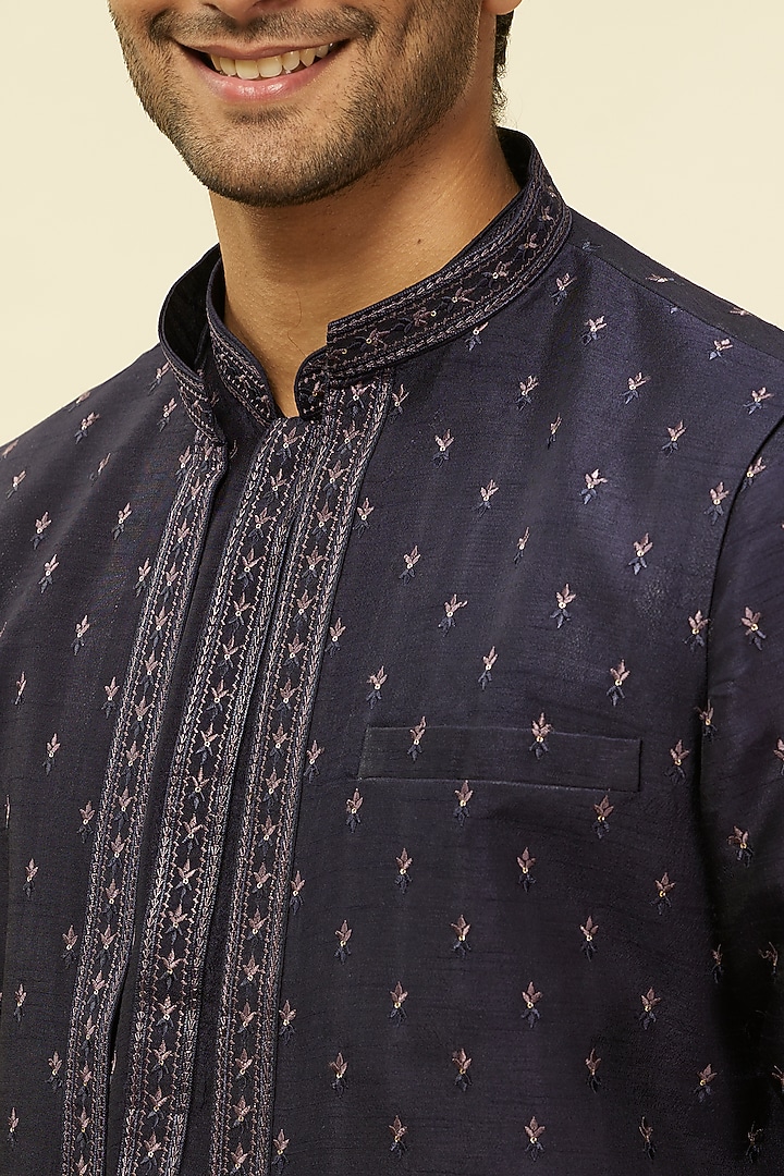 Dark Blue Art Silk Embroidered Indo-Western Set by Twamev at Pernia's Pop Up Shop