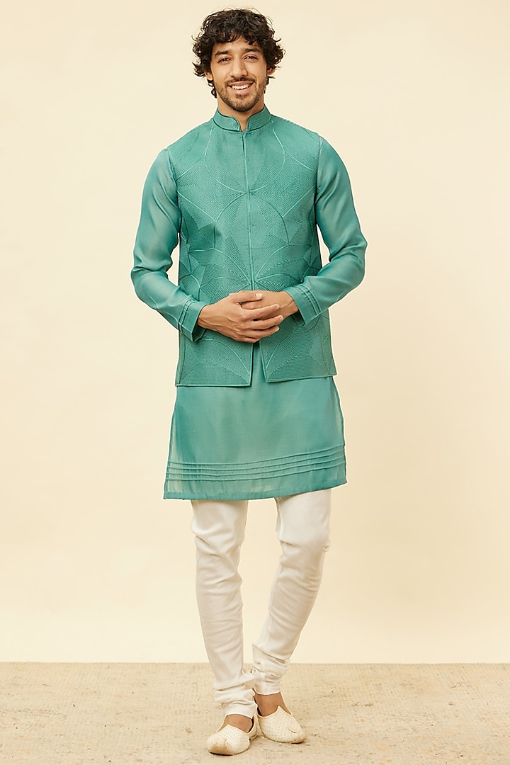 Mid Green Art Silk Nehru Jacket Set by Twamev