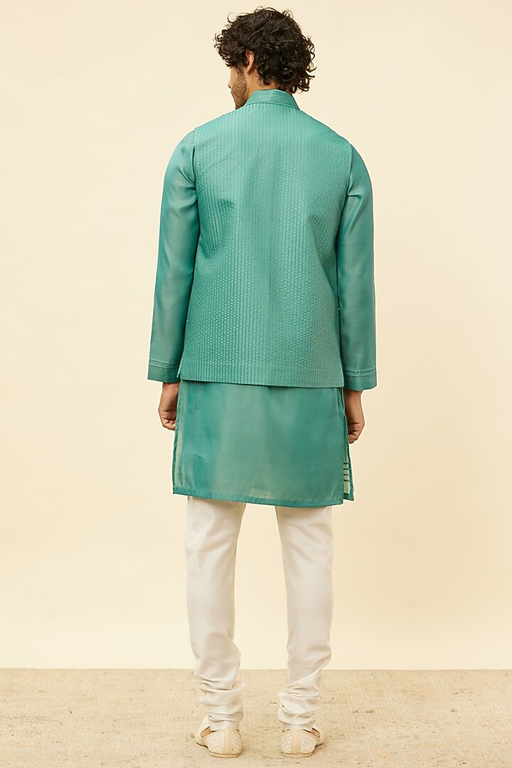 Mid Green Art Silk Nehru Jacket Set by Twamev at Pernia's Pop Up Shop
