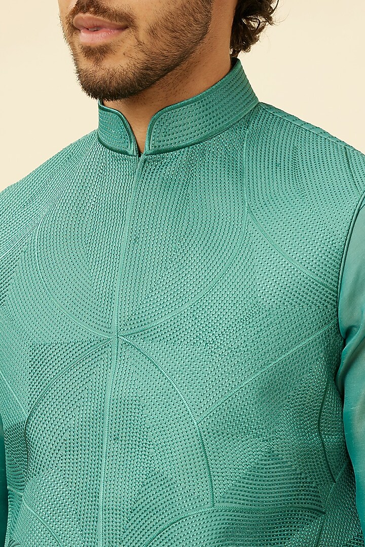 Mid Green Art Silk Nehru Jacket Set by Twamev at Pernia's Pop Up Shop