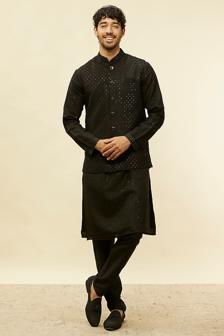 Black Art Silk Sequins Embroidered Nehru Jacket Set by Twamev