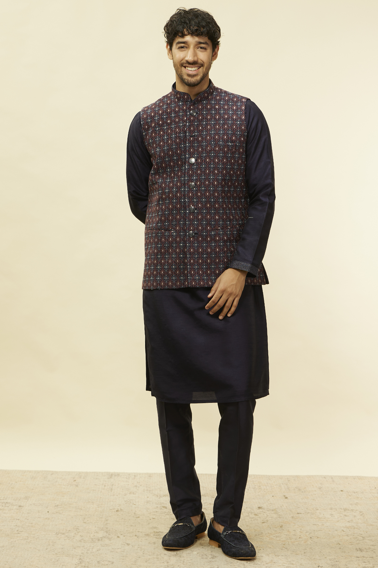 Dark Blue Art Silk Silver Thread Embroidered Nehru Jacket Set by Twamev at Pernia's Pop Up Shop