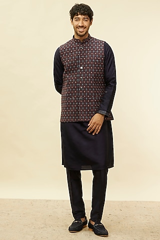 Dark Blue Art Silk Silver Thread Embroidered Nehru Jacket Set by Twamev