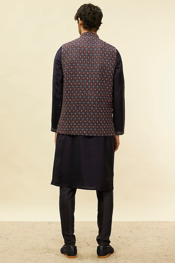 Dark Blue Art Silk Silver Thread Embroidered Nehru Jacket Set by Twamev at Pernia's Pop Up Shop