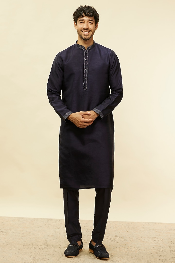 Dark Blue Art Silk Silver Thread Embroidered Nehru Jacket Set by Twamev at Pernia's Pop Up Shop
