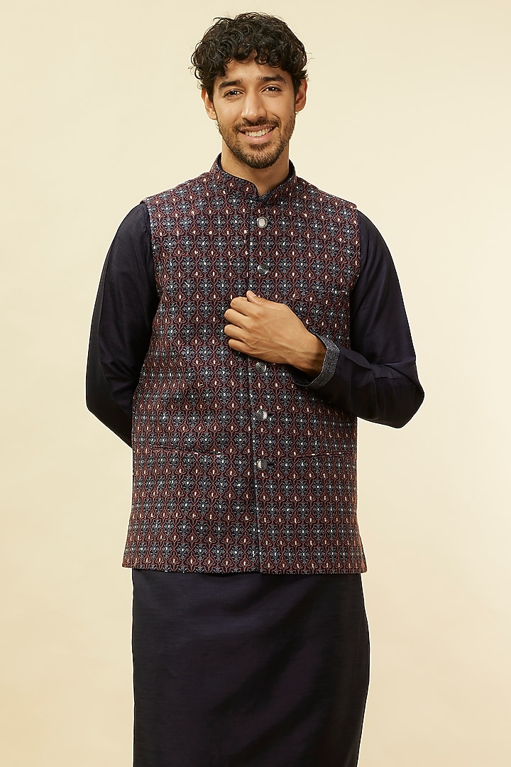 Dark Blue Art Silk Silver Thread Embroidered Nehru Jacket Set by Twamev at Pernia's Pop Up Shop