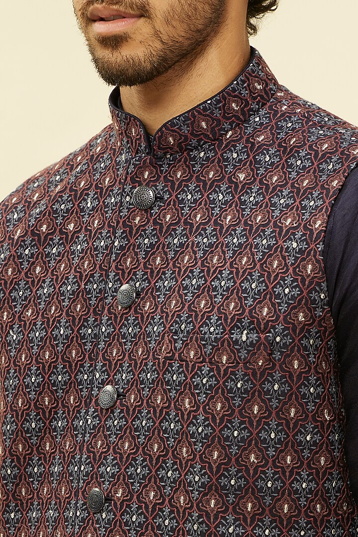 Dark Blue Art Silk Silver Thread Embroidered Nehru Jacket Set by Twamev at Pernia's Pop Up Shop