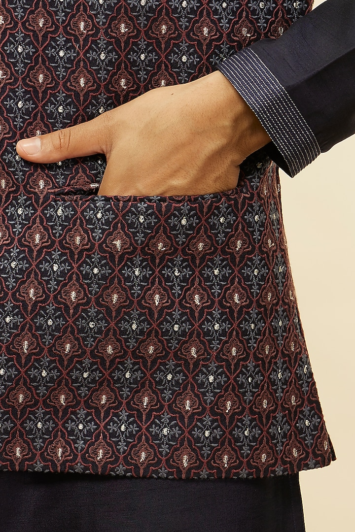 Dark Blue Art Silk Silver Thread Embroidered Nehru Jacket Set by Twamev at Pernia's Pop Up Shop