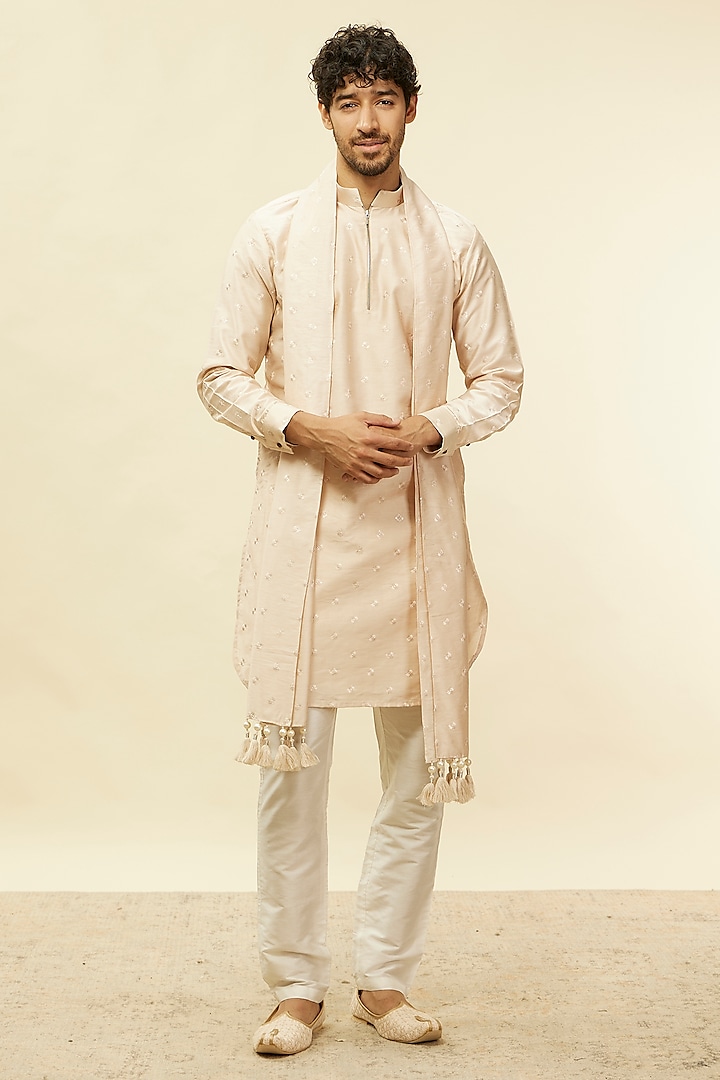 Peach Blended Viscose Sequins Embroidered Kurta Set by Twamev