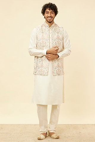 Warm White Blended Viscose Printed Bundi Jacket Set by Twamev