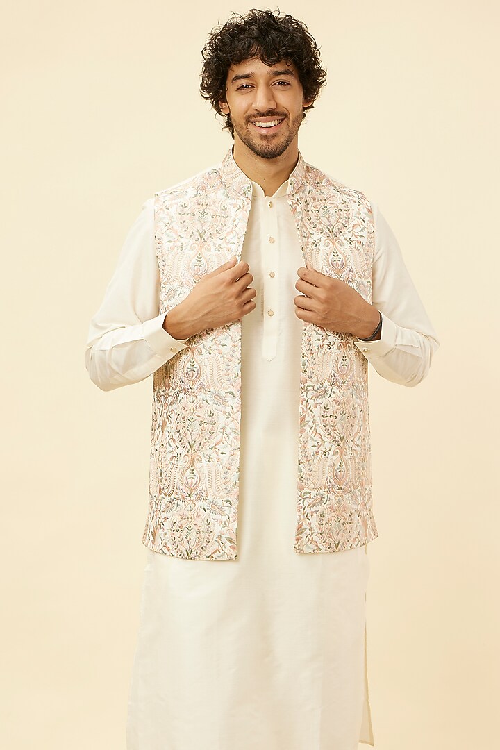 Warm White Blended Viscose Printed Bundi Jacket Set by Twamev at Pernia's Pop Up Shop