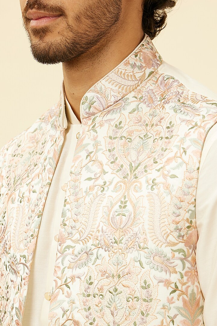 Warm White Blended Viscose Printed Bundi Jacket Set by Twamev at Pernia's Pop Up Shop