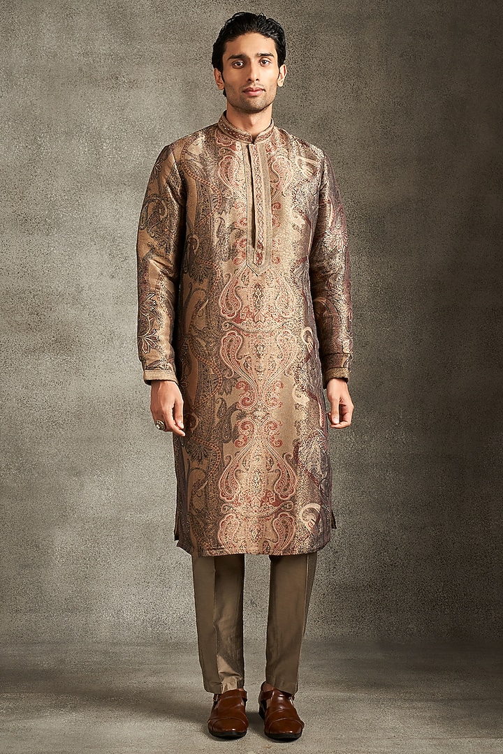 Beige Brocade Thread Embroidered Kurta Set by Twamev at Pernia's Pop Up Shop