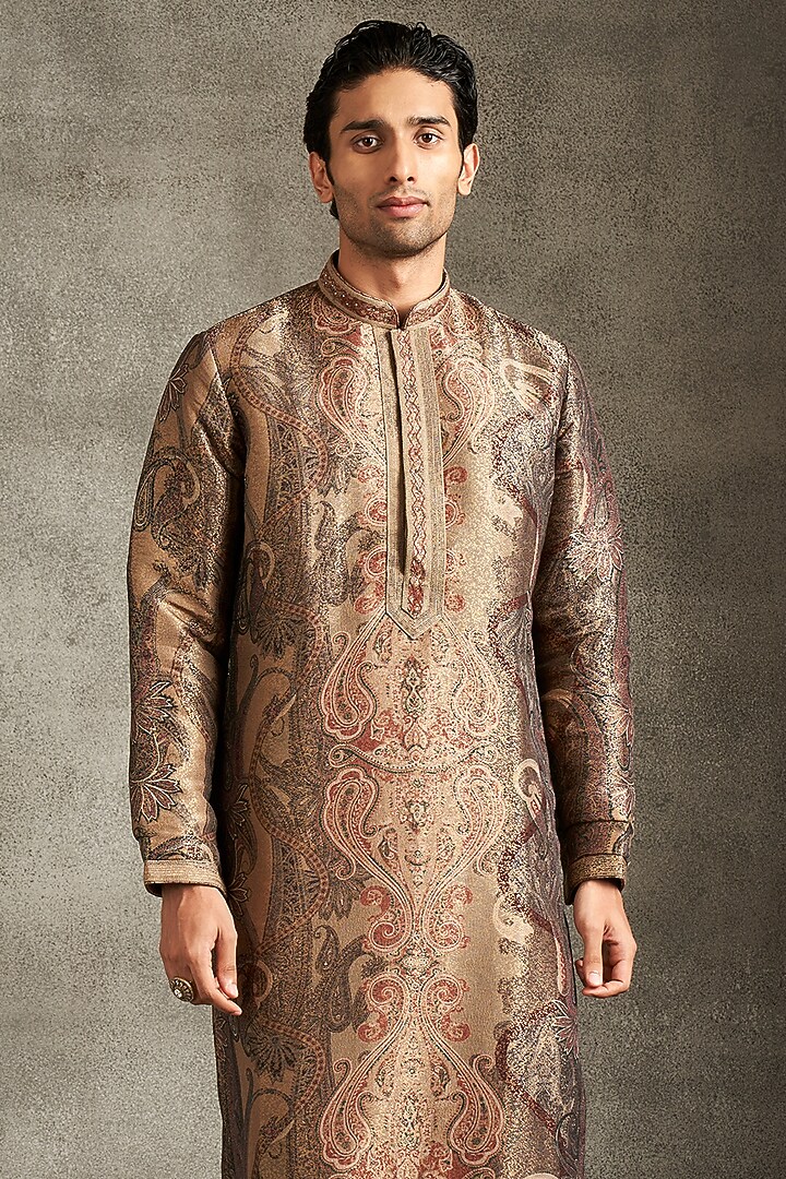 Beige Brocade Thread Embroidered Kurta Set by Twamev at Pernia's Pop Up Shop