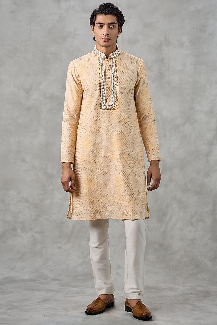 Yellow Cotton Thread Embroidered Kurta Set by Twamev at Pernia's Pop Up Shop