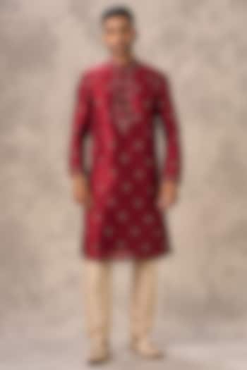 Regal Red Art Silk Thread Embroidered Kurta Set by Twamev at Pernia's Pop Up Shop