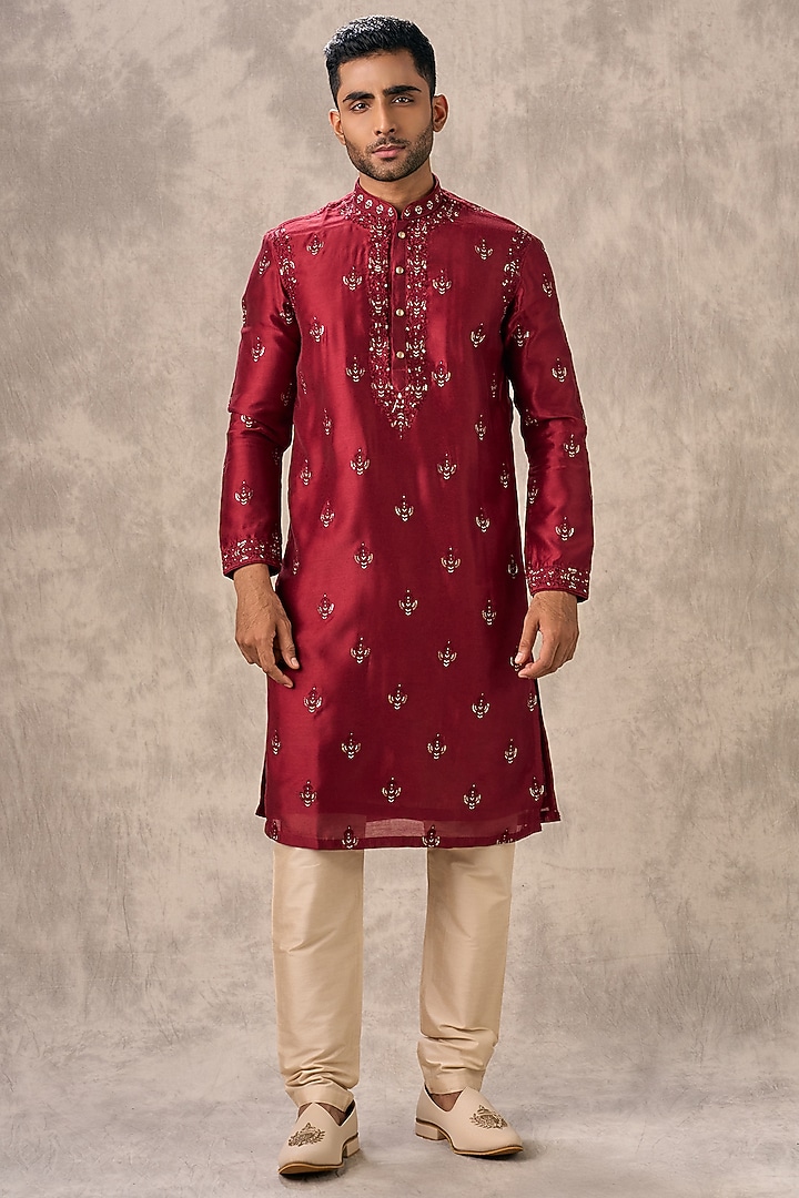 Regal Red Art Silk Thread Embroidered Kurta Set by Twamev at Pernia's Pop Up Shop