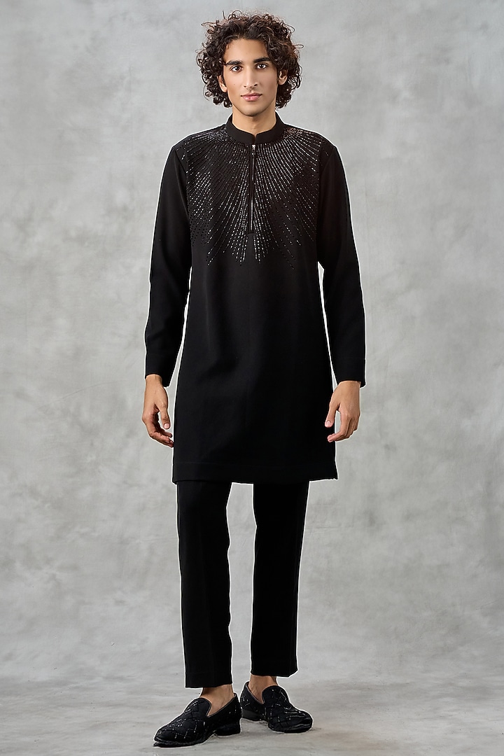 Black Blended Rayon Moti Work Kurta Set by Twamev at Pernia's Pop Up Shop