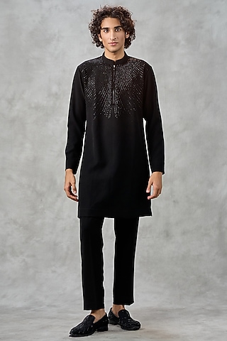 Black Blended Rayon Moti Work Kurta Set by Twamev