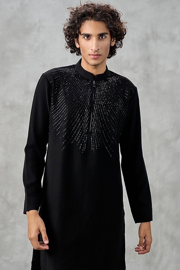 Black Blended Rayon Moti Work Kurta Set by Twamev at Pernia's Pop Up Shop