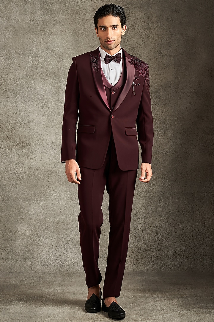 Wine Blended Rayon Beadwork Blazer Set by Twamev at Pernia's Pop Up Shop