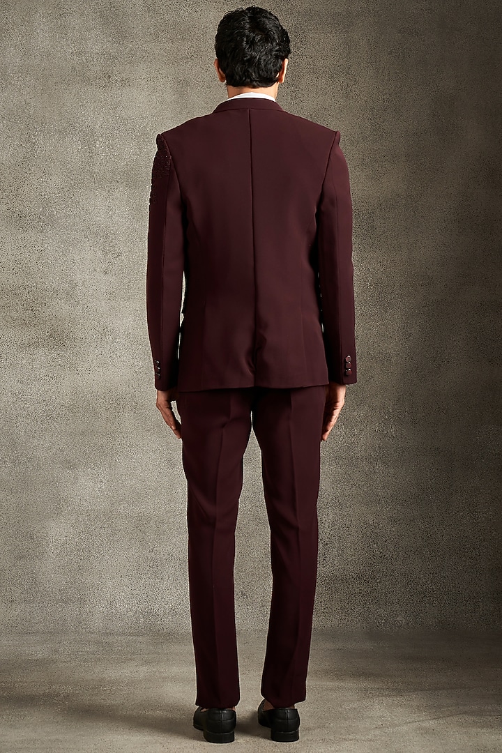 Wine Blended Rayon Beadwork Blazer Set by Twamev at Pernia's Pop Up Shop