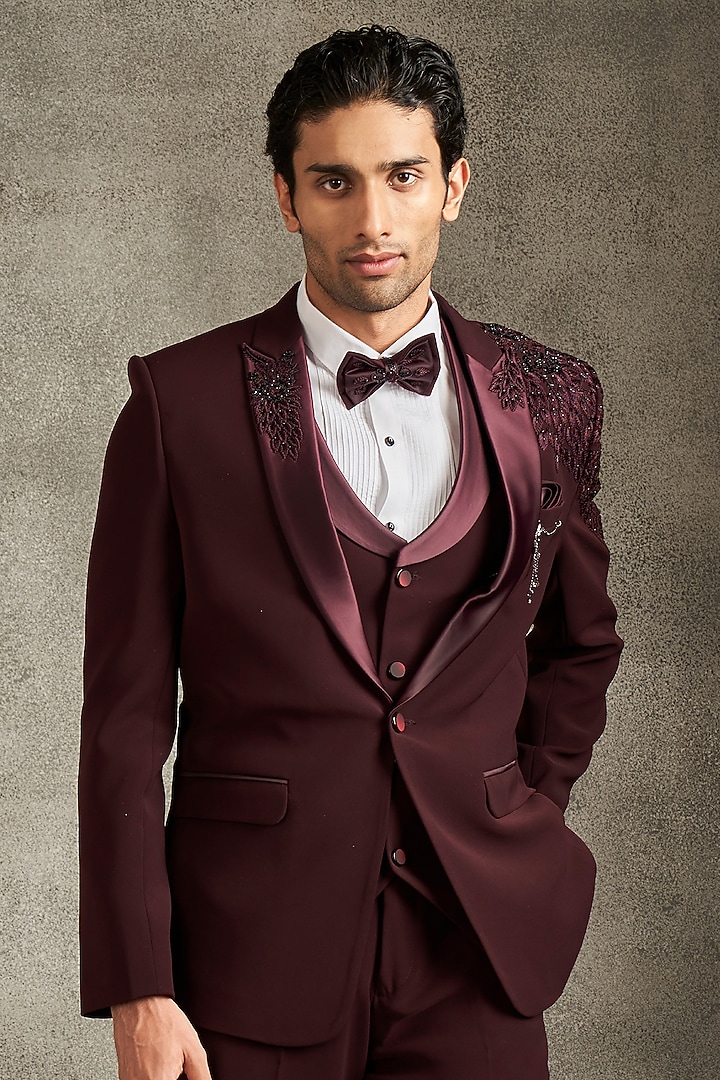 Wine Blended Rayon Beadwork Blazer Set by Twamev at Pernia's Pop Up Shop