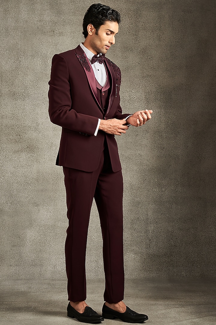 Wine Blended Rayon Beadwork Blazer Set by Twamev at Pernia's Pop Up Shop