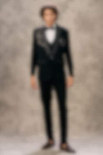 Black Blended Rayon Beadwork Blazer Set by Twamev at Pernia's Pop Up Shop