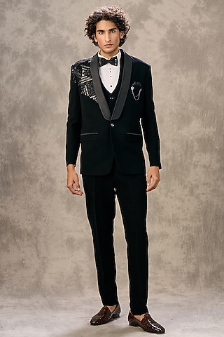 Black Blended Rayon Beadwork Blazer Set by Twamev