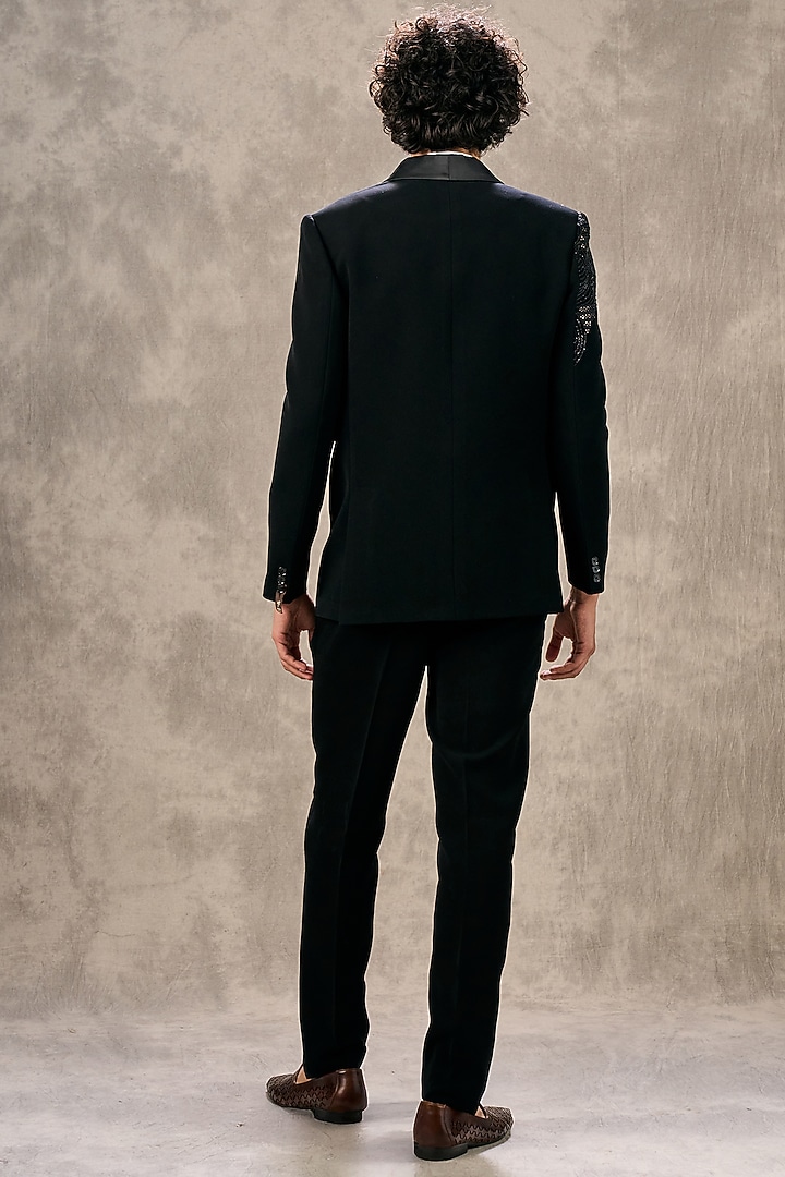 Black Blended Rayon Beadwork Blazer Set by Twamev at Pernia's Pop Up Shop