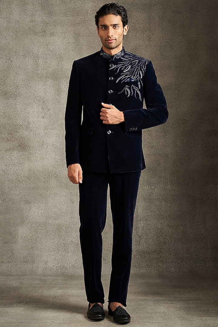 Blue Velvet Sequins Work Jodhpuri Set by Twamev at Pernia's Pop Up Shop
