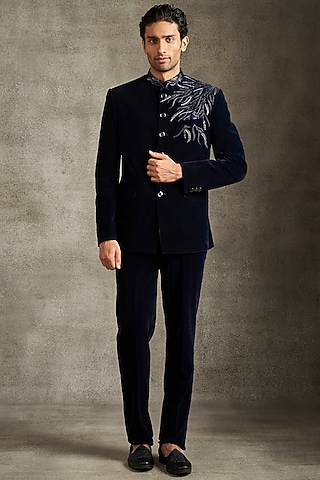 Blue Velvet Sequins Work Jodhpuri Set by Twamev
