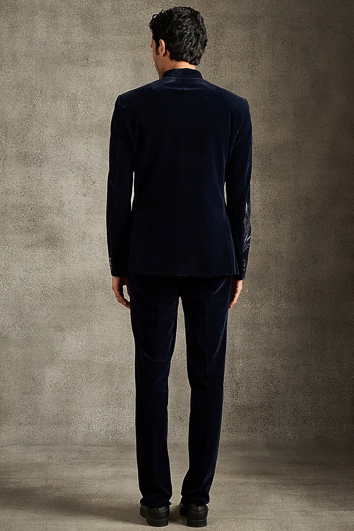 Blue Velvet Sequins Work Jodhpuri Set by Twamev at Pernia's Pop Up Shop