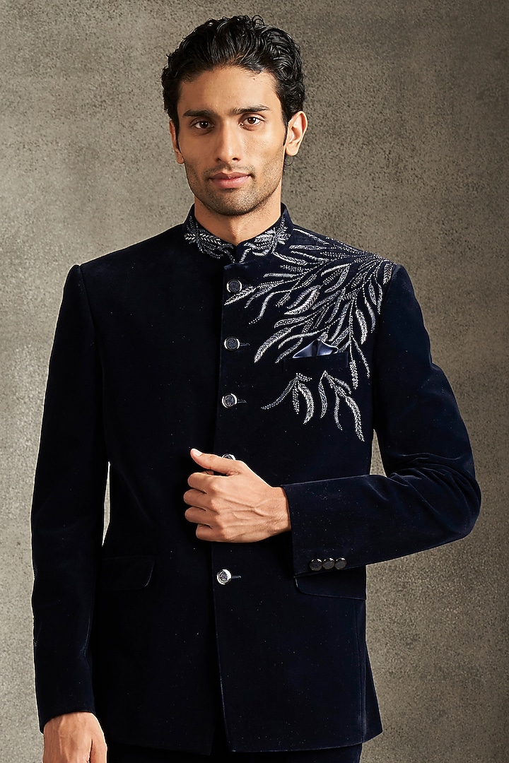 Blue Velvet Sequins Work Jodhpuri Set by Twamev at Pernia's Pop Up Shop
