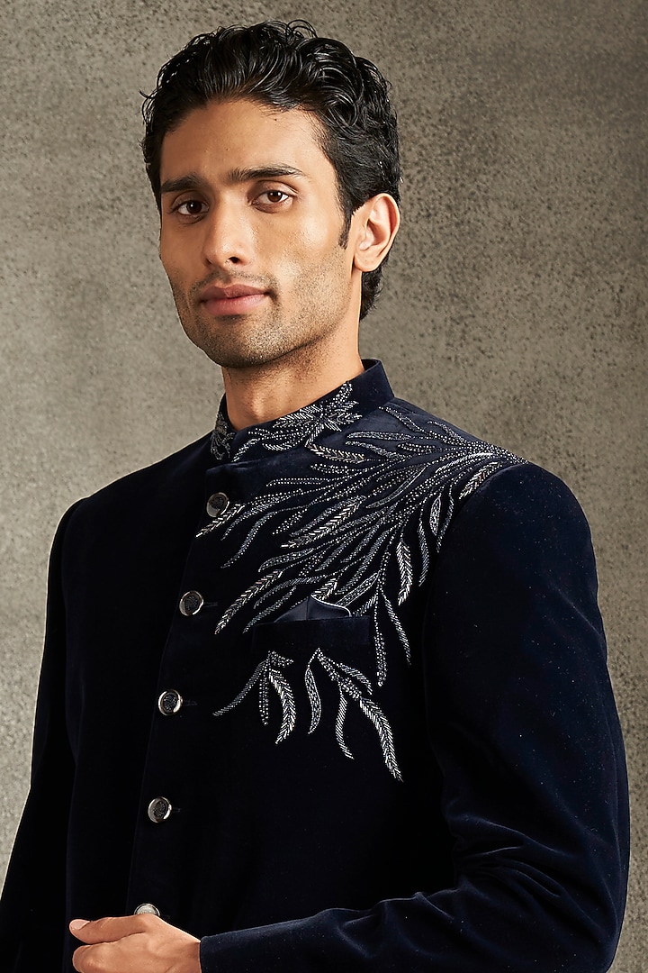 Blue Velvet Sequins Work Jodhpuri Set by Twamev at Pernia's Pop Up Shop