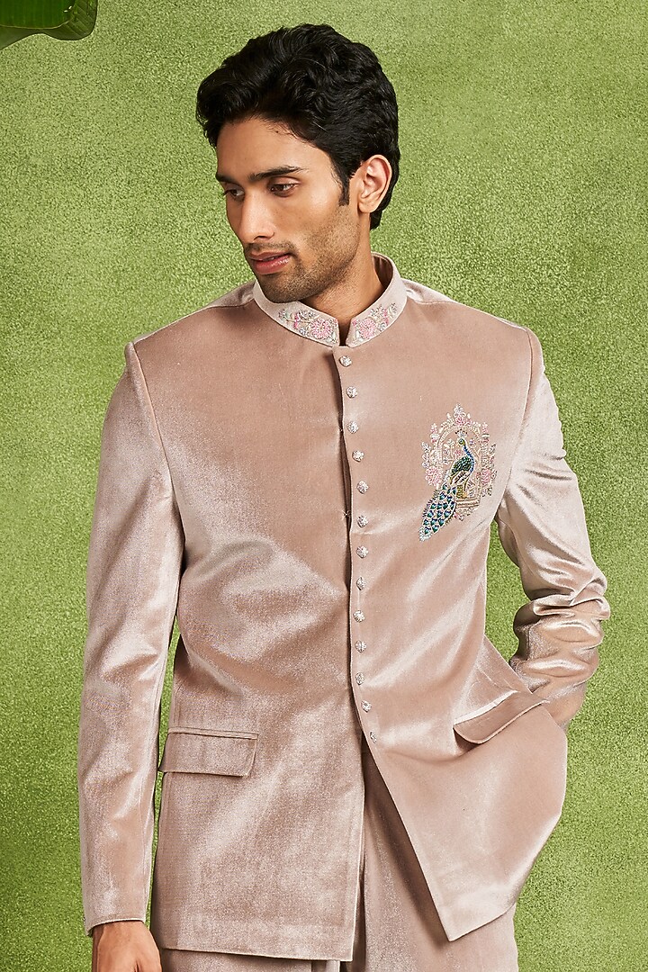 Fawn Velvet Hand Embroidered Jodhpuri Set by Twamev at Pernia's Pop Up Shop