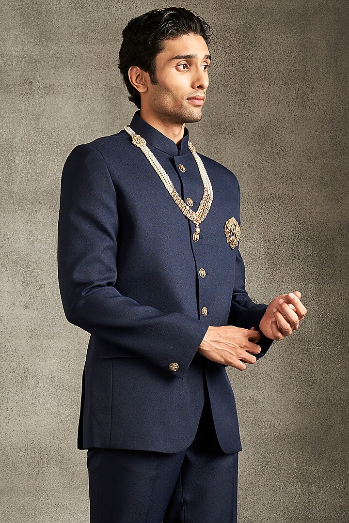 Black Blended Rayon Beadwork Jodhpuri Set by Twamev at Pernia's Pop Up Shop