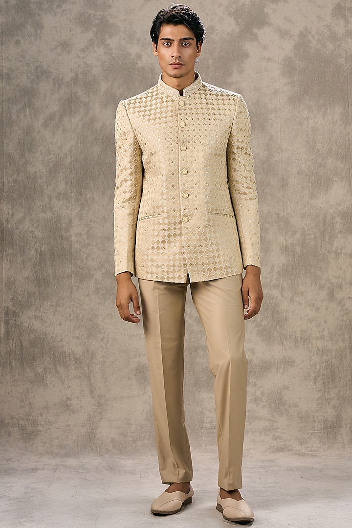 Beige Art Silk Sequin Embroidered Jodhpuri Set by Twamev at Pernia's Pop Up Shop