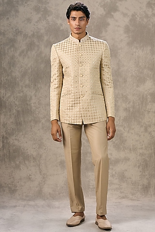 Beige Art Silk Sequin Embroidered Jodhpuri Set by Twamev
