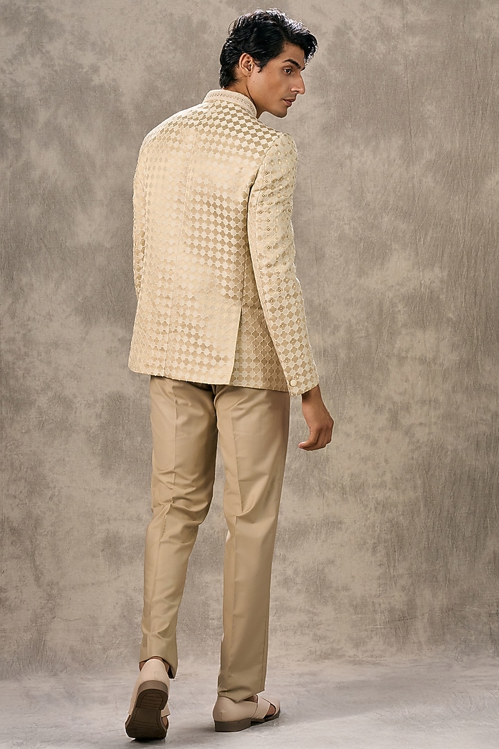 Beige Art Silk Sequin Embroidered Jodhpuri Set by Twamev at Pernia's Pop Up Shop