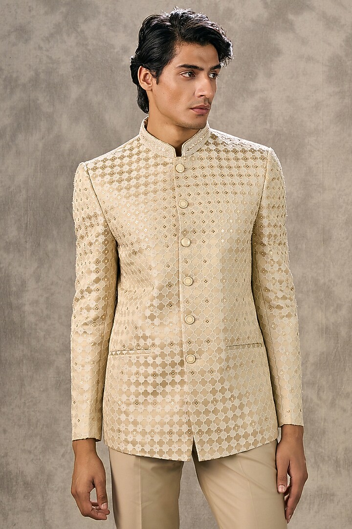 Beige Art Silk Sequin Embroidered Jodhpuri Set by Twamev at Pernia's Pop Up Shop