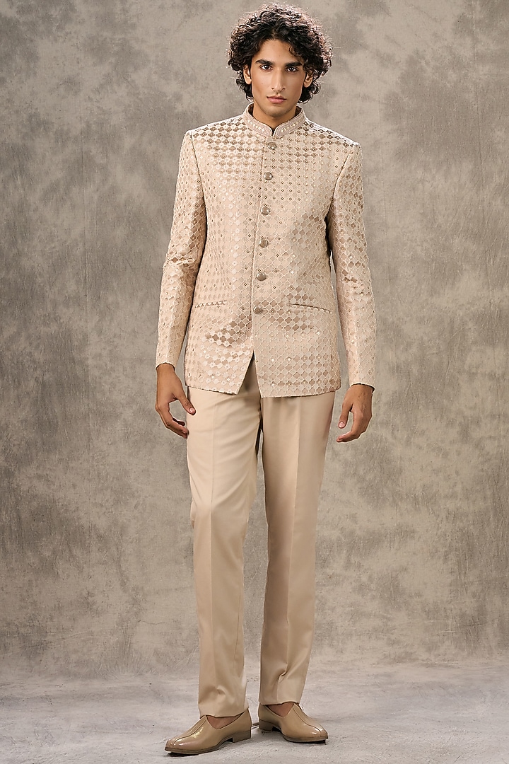 Fawn-Colored Art Silk Sequin Embroidered Jodhpuri Set by Twamev at Pernia's Pop Up Shop